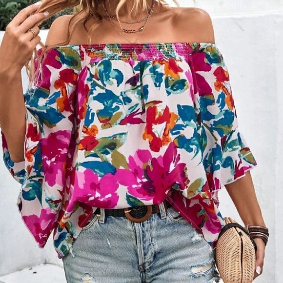 Multicolor Boho Womens Allover Floral Print Off Shoulder Blouse - Picture 1 of 5